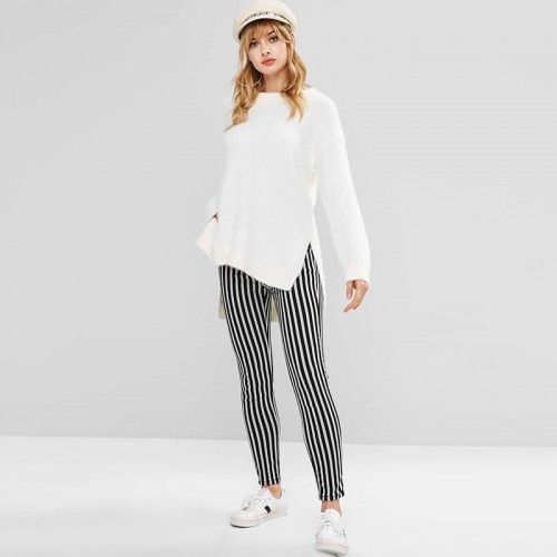 Women Black & White Thick Vertical Striped Trousers